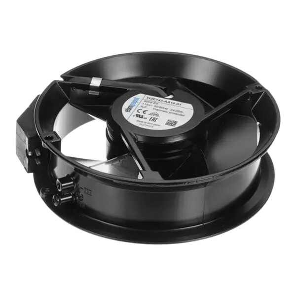 A black Follett Corporation evaporator fan with a white label.