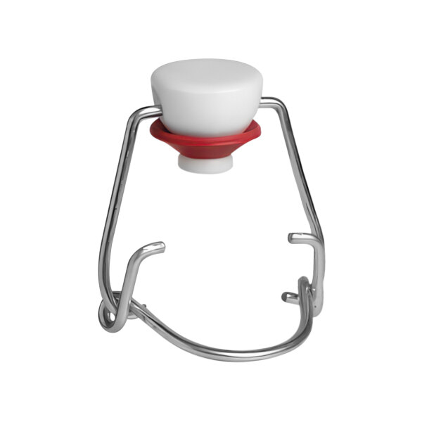 A white round Bormioli Rocco bottle stopper with a red gasket.