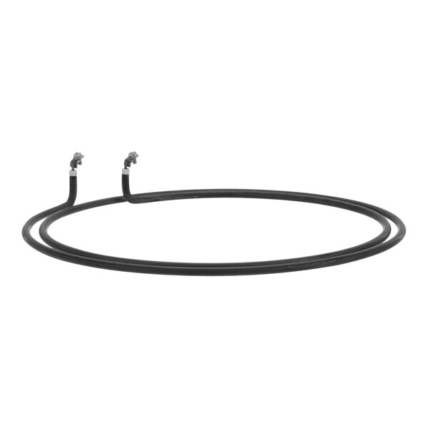 A black circular wire with metal connectors and a black rubber ring on the ends.