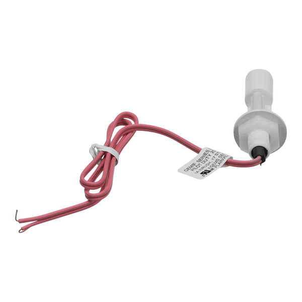 A white and red wire with a red plug and a label.