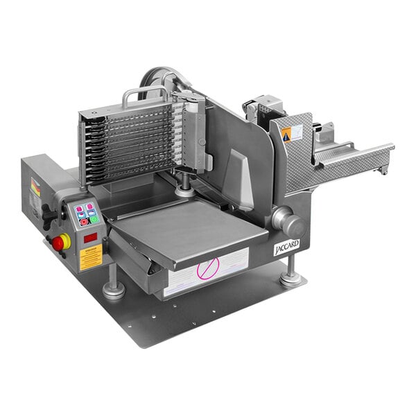A white SLICER 13" STACKER AUTO machine with a red button.