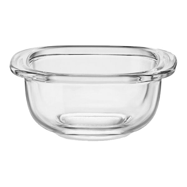 A 4.25 ounce clear glass Bormioli Rocco bowl with a rim.
