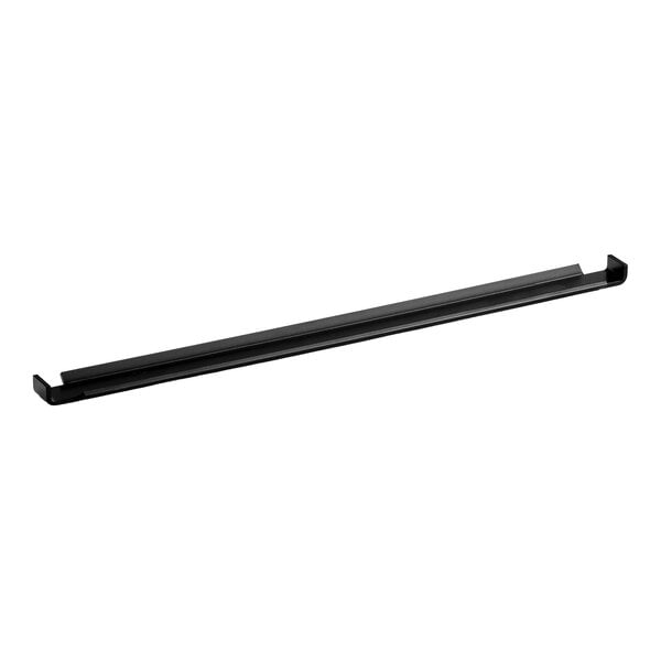 A long, narrow, black metal bar with upturned ends, photographed on a white background.