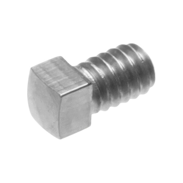 A close-up of a stainless steel Cretors screw with a white background.