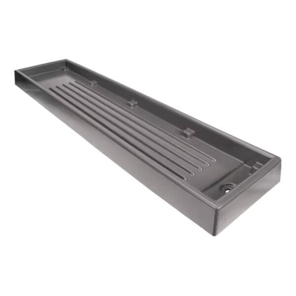 A rectangular metal tray with holes and metal bars.