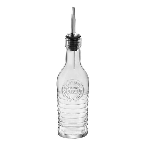 A clear glass bottle with a metal pourer and a white cap with the Officina Bormioli Rocco logo.