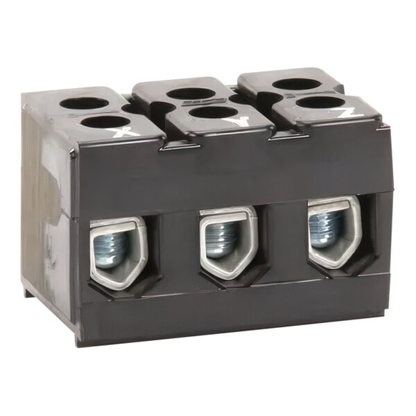 A black Garland terminal block with two screws and three electrical connectors.
