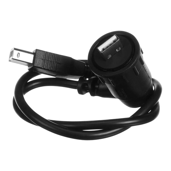 A black usb cable with a 90 degree twist lock connector.