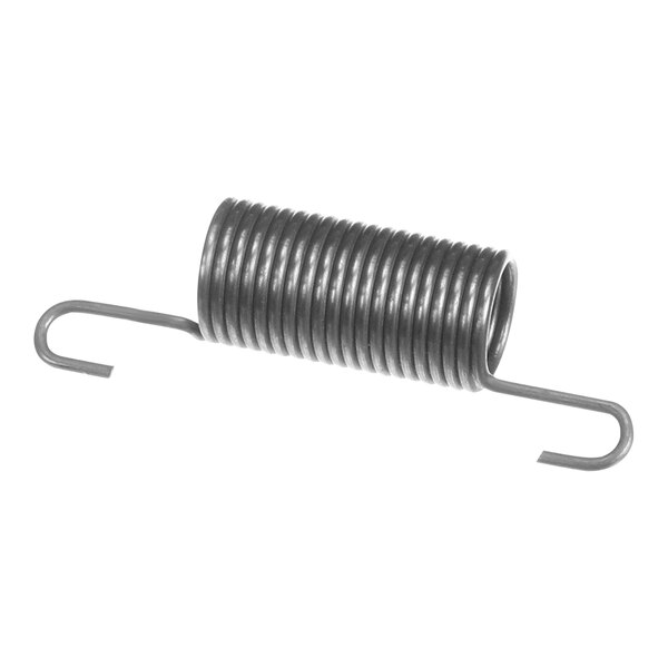 A close-up of a coiled metal spring with a metal hook.