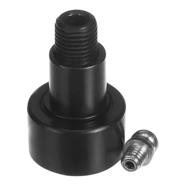 A close-up of a black metal cam follower with a black threaded nut and a screw.