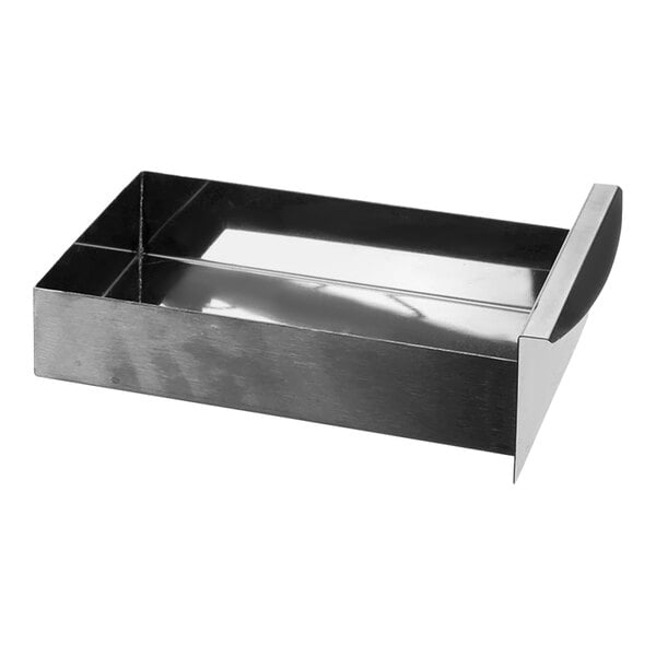 A rectangular silver Vollrath grease pan with a handle.