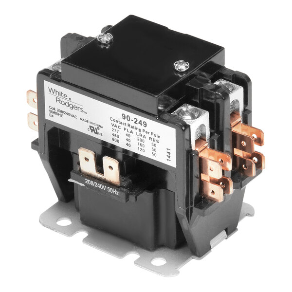 A black and silver Nemco contactor with copper wires.