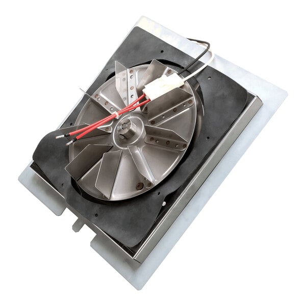 A metal Merrychef convection motor fan with wires on top.