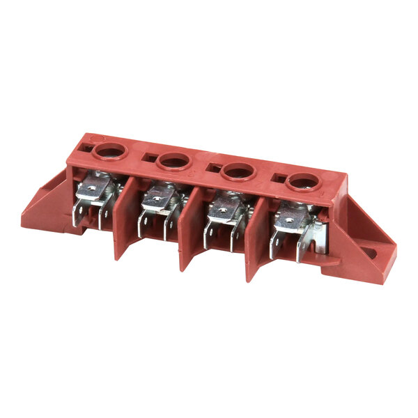 A red plastic Merrychef 4 way mains terminal block with metal terminals.