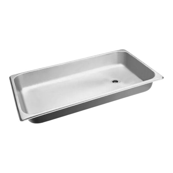 A silver rectangular stainless steel water pan with a hole.