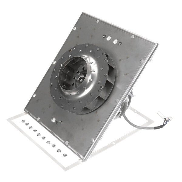 A metal Merrychef convection motor assembly fan with a wire.