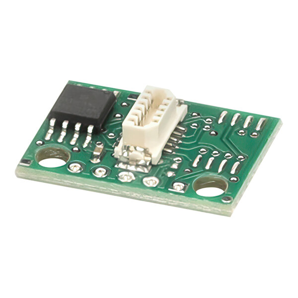 A green circuit board with a white connector.