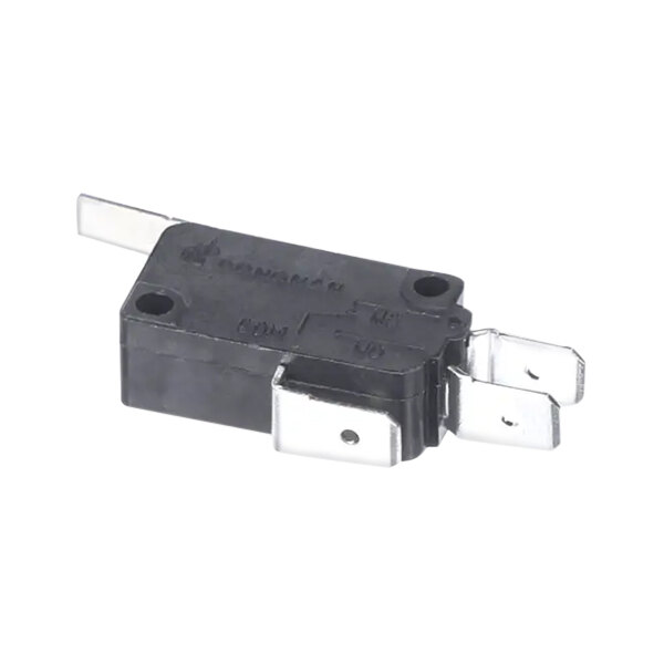 A black rectangular Merrychef microswitch with metal corners.