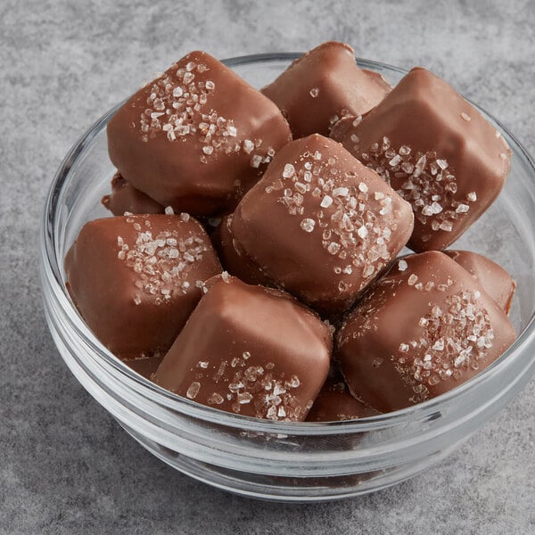 A bowl of Albanese milk chocolate covered sea salt caramels.