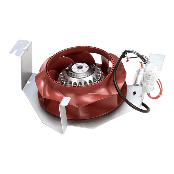 A red fan with a metal disc and wires.