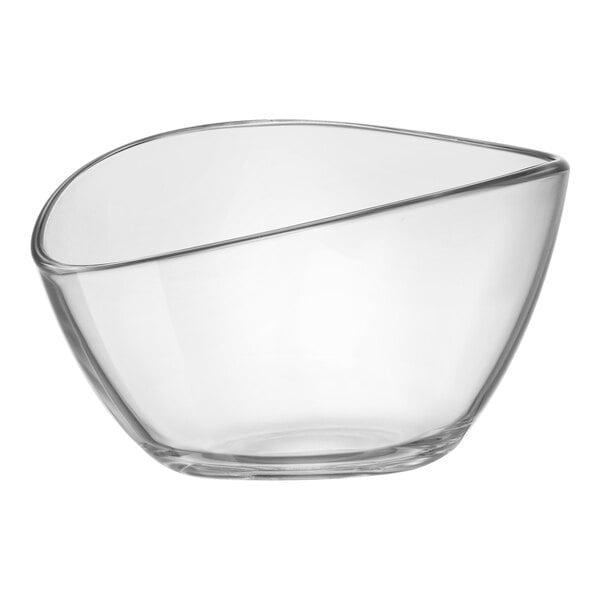 A clear glass Aria bowl with a curved edge.