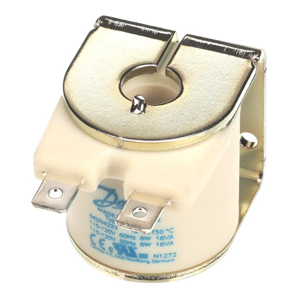 A small white and silver Ice-O-Matic coil solenoid valve.