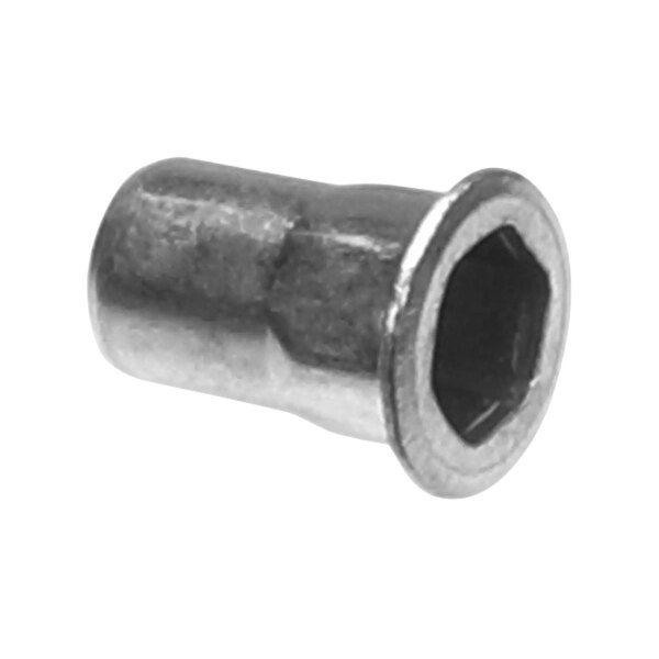 A close-up of a metal threaded hex nut.