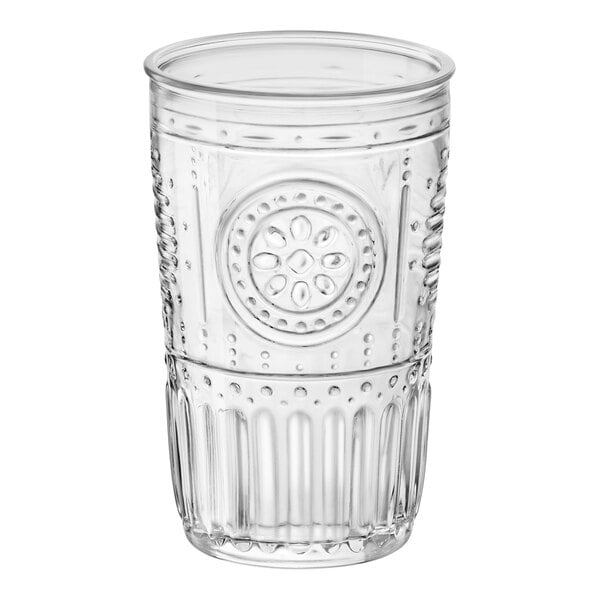 A close-up of a clear Bormioli Rocco tumbler with a pattern on it.