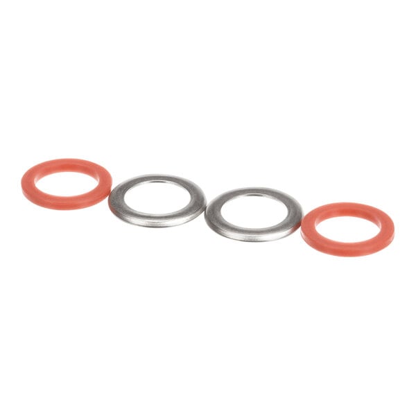 A white background with three metal rings and one red rubber ring.