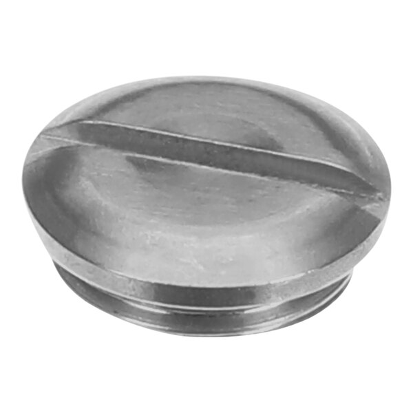 A close-up of a circular stainless steel cap with a knob.