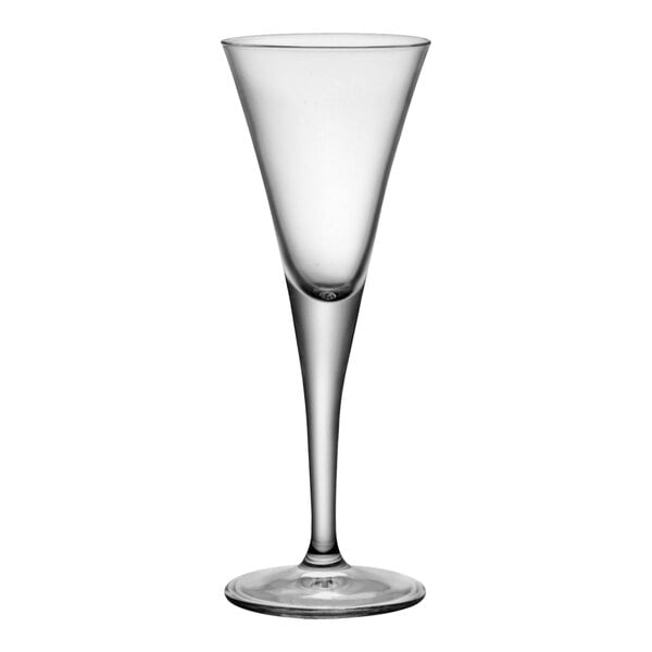 A clear Bormioli Rocco wine glass with a small stem.