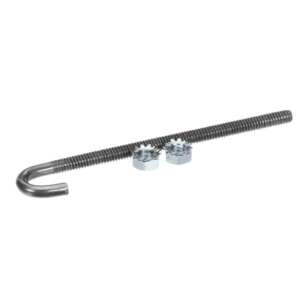 A close-up of a metal spring hook with nuts on a long metal rod.