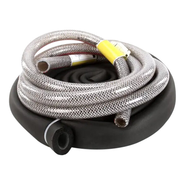 A coiled Follett Corporation Polywire tube on a black and white surface.