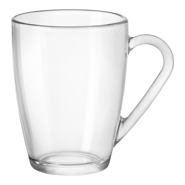 A case of 6 clear glass Bormioli Rocco mugs with handles.