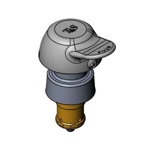 A 3D rendering of a T&S metering cartridge with a gold and metal cap.