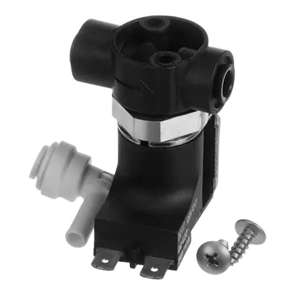 A black and silver Follett Corporation solenoid valve assembly with screws.