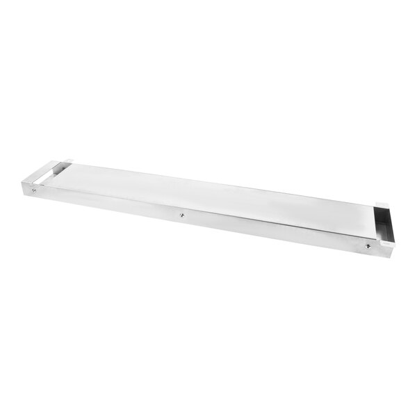 A stainless steel rectangular plate with a handle.