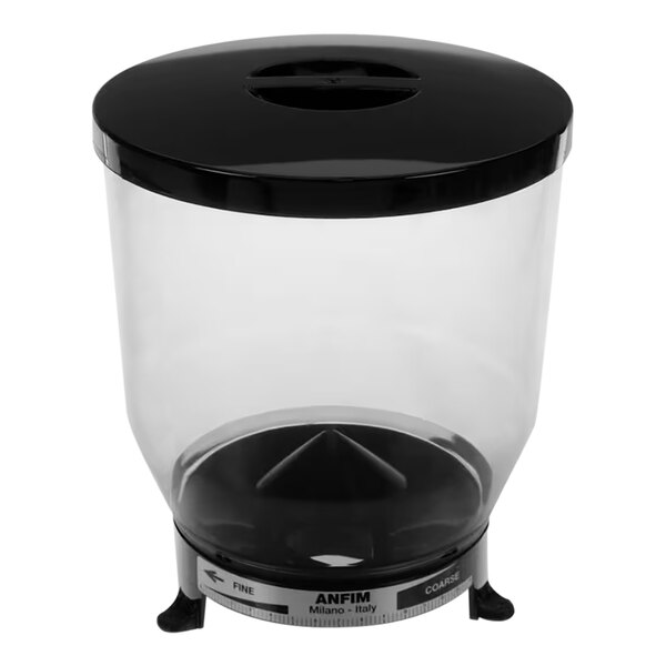 A clear container with a black lid.