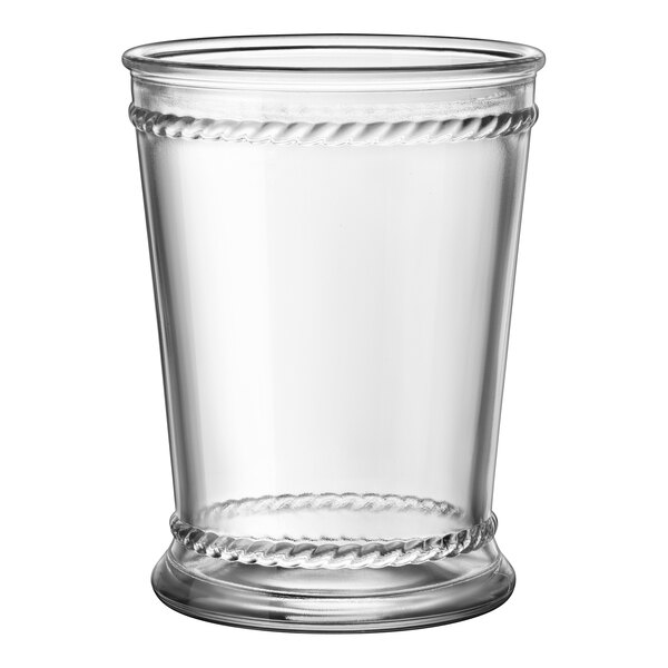 A case of 6 clear glass Bormioli Rocco tumblers with a braided edge.