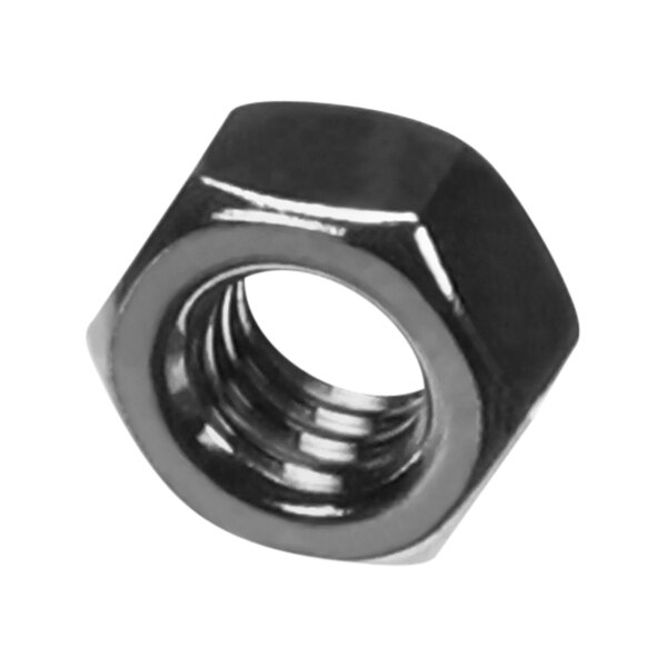 A close-up of a stainless steel hex nut with a black finish.