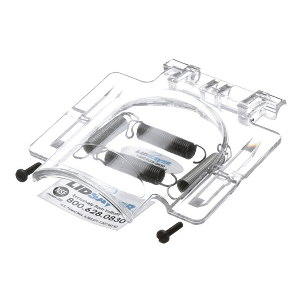 A clear plastic container with metal clips, springs, and screws for a Vollrath domed door.