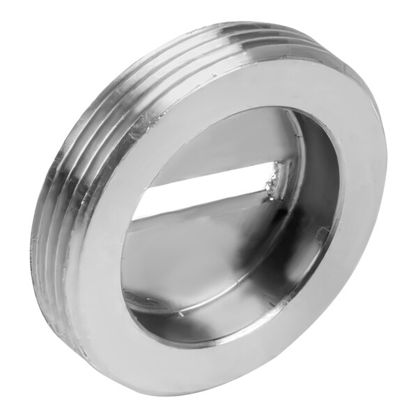 A silver stainless steel circular nut with a hole in it.