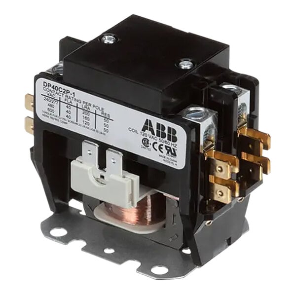 A close-up of a black and gold 2-pole 120V contactor relay with two wires.