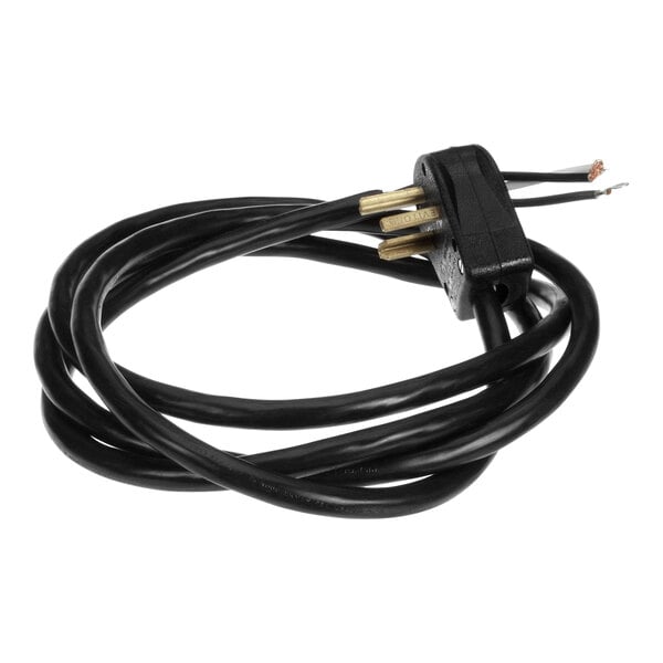 A black electrical cord with a black plug.