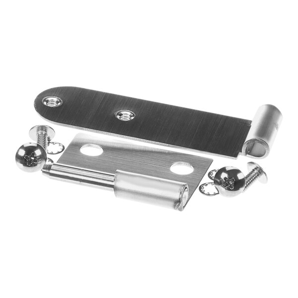 A stainless steel Cretors door hinge strap with screws and nuts.