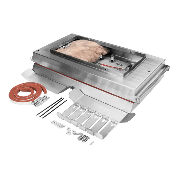 A metal box with a square frame and metal parts for a Garland US Range platen assembly.