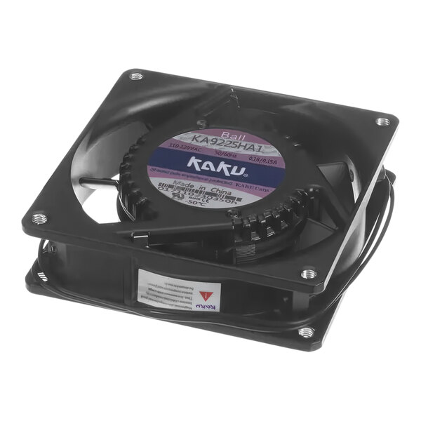 A black plastic fan with a blue and white label.