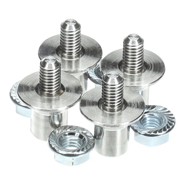 A group of silver nuts and bolts on a white background.