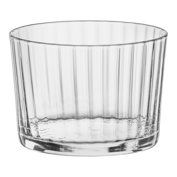 A clear glass bowl with a ribbed rim.