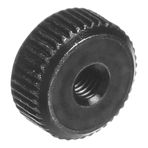 A black round plastic nut with a screw on it.